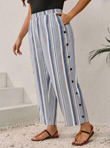 EMERY ROSE Pantalones largos simples con cintura elástica y botones a rayas, de talla grande, casuales para uso diario, conjuntos de verano para mujer/verano, ropa de mujer para vacaciones tropicales - Azul - Ver 1