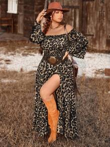 Freevana Đầm Maxi Rộng rãi, Phong cách Boho, Mùa Thu/Đông, Họa tiết động vật, Trễ vai, Viền bèo, Xẻ tà cao, Dáng rộng, Dáng thường ngày - Màu be - Xem 4