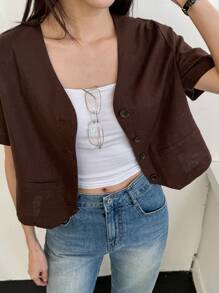 DAZY Spring Style Women's Weekend Casual Cropped Blazer Jacket Business Attire - Brown - View 8