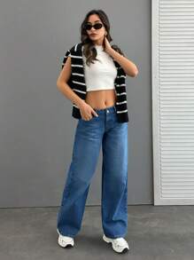 EURMUSE WOMEN WIDE LEG LOW WAIST JEANS - Medium Wash - View 4