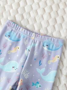 SHEIN Conjunto de pijama de 3 piezas para bebé niña, incluye blusa de manga larga con estampado de delfín y rayas + pantalón legging con estampado de delfín, ajuste ceñido - Multicolor - Ver 5