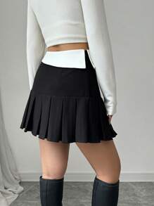 Chiquease Falda mini plisada de línea A con contraste de color en la cintura para mujer - Negro - Ver 2