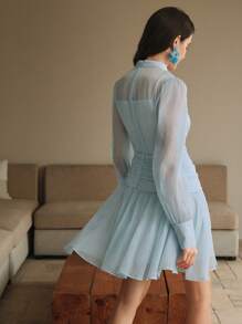 Anewsta Women's Vintage Palace Style Elegant Cinched Waist Simple Midi Dress, Spring Outfits For Women - Blue - View 2