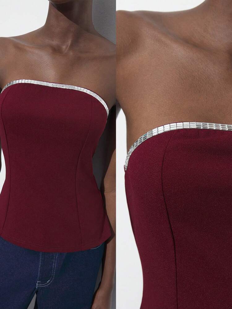 SHEIN Maija Women's City Burgundy Diamante Embellished Bandeau Top, Suitable For Going Out, Vacation, Festivals, Weddings, Christmas, New Year, Valentine's Day Occasions Valentine's Day