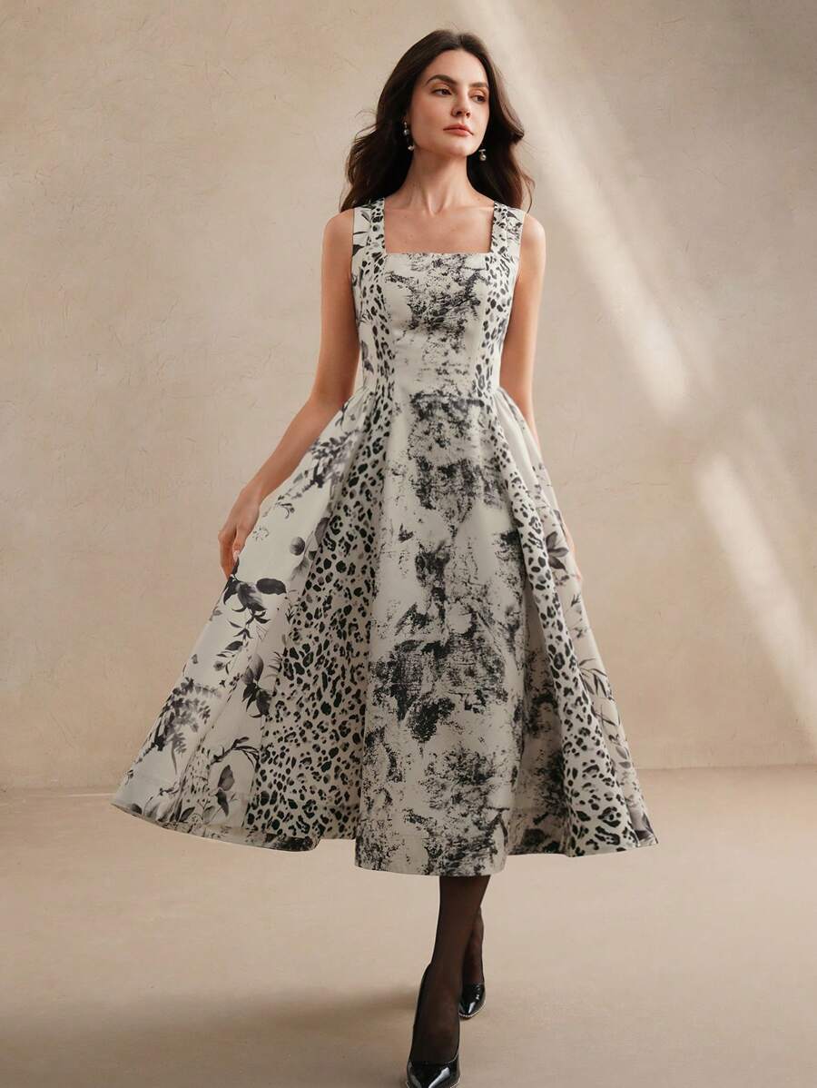 Anewsta Váy chữ A không tay thiết kế in họa tiết thanh lịch cổ điển, trang phục xuân/hè dành cho nữ - Nhiều màu - Xem 1