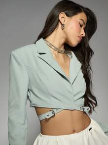 MISSGUIDED Designer Cropped Blazer With Buckle Detail Modern Business Casual Spring Fall Professional Office Wear Statement Outerwear Contemporary Fashion Suit Jacket - Green - View 5