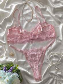 2pcs/Set Women's Lace Trim Minimal Casual Spaghetti Strap Camisole Lingerie Set