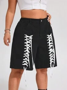 SHEIN ICON Street Fashion Lace-Up Washed Non-Stretch Denim Shorts - Black - View 7