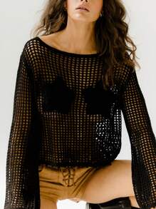 Aralina Black Mesh Crochet Long-Sleeve Rosette Star Bust Pullover Sweater Cover Up - Black - View 5