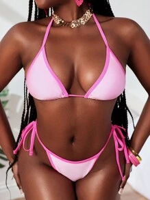 Slaydiva Contrast Binding Halter Triangle Bikini Top For Summer Beach Vacation - Pink - View 7