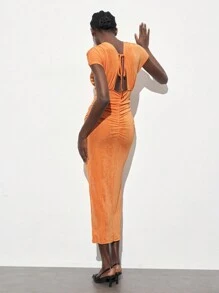 Maija 女士优雅时尚百搭露背系带镂空褶饰短袖中长连衣裙，夏季 - 橘色 - 查看 1