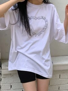 DAZY Camiseta blanca de cuello redondo y ajuste holgado con estampado de corazón, adecuada para primavera y verano