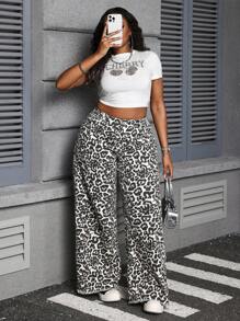 SHEIN SXY Plus Size Women's Jeans Leopard Print Loose Straight Pants Cotto Leopard Print Jeans Jeans Womenvalentine Day Pants Women Summer Baggy Jeans Y2k Baggy Jeans Women
