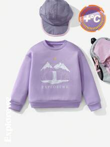SHEIN Young Girl Purple Waterfall, Lake, Mountain Graphic Print Outdoor Fleece Crew Neck Sweatshirt