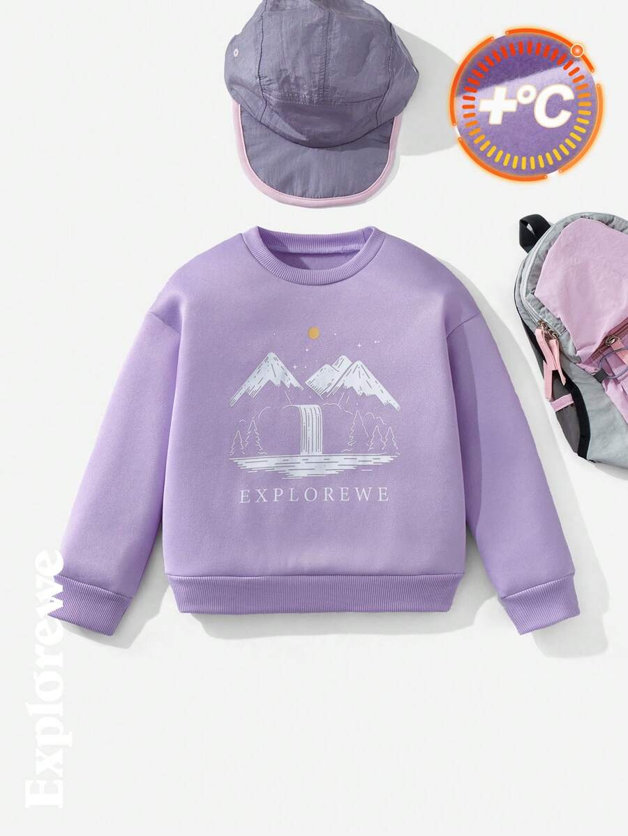 SHEIN Young Girl Purple Waterfall, Lake, Mountain Graphic Print Outdoor Fleece Crew Neck Sweatshirt