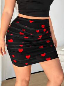 SHEIN EZwear Minifalda ceñida de talle alto de malla negra con forma de corazón, para tallas grandes, para verano - Negro - Ver 4