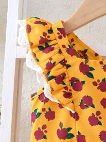 SHEIN Leap Crew Newborn Baby Girl Adorable Floral Pattern Ruffle Bodysuit, Summer