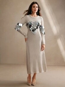 Anewsta Hand-Beaded And Sequined Elegant Sweater Dress - Cream - View 7