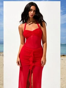 Opulessa 情人节海滩假期优雅长裙，红色针织网眼开衩吊带女式紧身长裙
