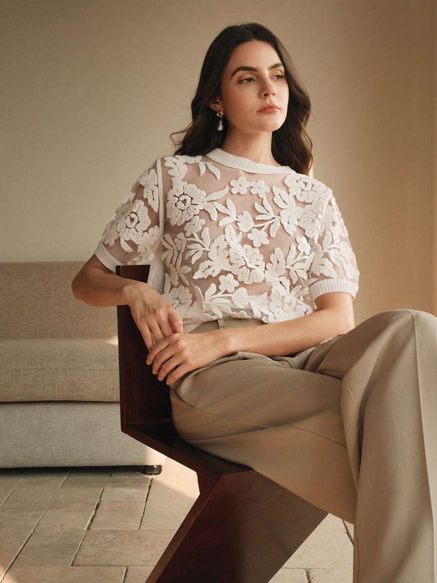 Anewsta 女士秋季花卉网纱圆领短袖针织上衣 春季女装 - 白色 - 查看 1