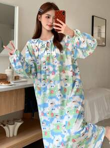 DAZY Cute Cartoon Print Gathered Drawstring Lantern Sleeve Loose Nightgown Pajama - Multicolor - View 3