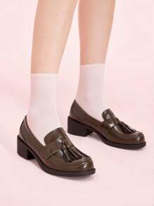 CUCCOO DOLLMOD Sepatu Loafer Wanita Ujung Bulat Hak Tebal Motif Bunga Cokelat Bahan PU Cokelat Kasual untuk Pesta Sehari-hari - Coklat - View 3