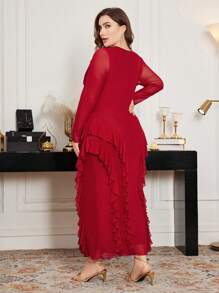 Modelyn Plus Size Stretchy Mesh Cowl Neck Ruffle Hem Bodycon Elegant Red Dress, Spring/Summer Fall - Red - View 2