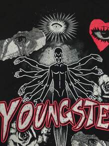 ROMWE MEN Men's Gothic Letter Print Round Neck Short Sleeve Casual T-Shirt, Halloween - Black - View 5