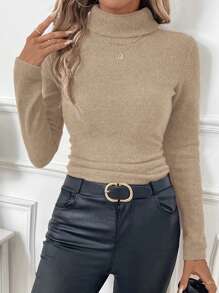 SHEIN Clasi 女士纯色高领长袖修身 T 恤，休闲日常穿着 - 杏色 - 查看 4