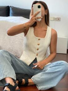 DAZY 1pc Women's Solid Color Fitted Open Collar Textured Fabric Waist Casual Tank Top, Spring/Summer - Beige - View 3