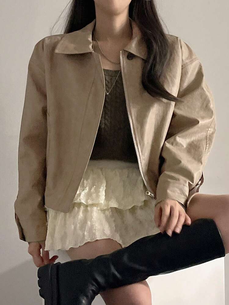 Women's Solid Color Front Zip-Up Long Sleeve Casual Jacket, Daily Wear Leather Jacket