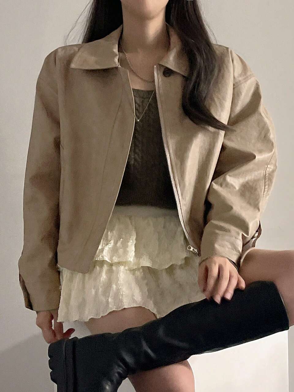 Women's Solid Color Front Zip-Up Long Sleeve Casual Jacket, Daily Wear Leather Jacket