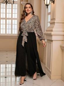 SHEIN Clasi Combinaison casual grande taille en couleur unie et patchwork, manches longues avec nœud à l'avant