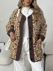 INAWLY Áo khoác thường ngày dài tay họa tiết da báo dáng rộng cho nữ có túi, mùa đông - Nhiều màu - Xem 3