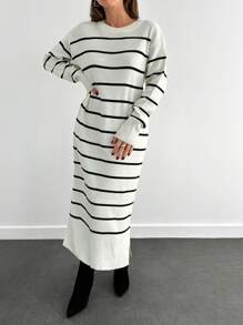 EURMUSE Women Striped Round Neck Dropped Shoulder Long Sleeve Casual Sweater Dress, Autumn/Winter - White - View 3