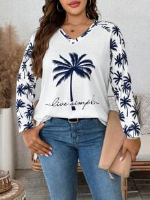 Breezaya Camiseta holgada de manga larga con estampado de palmeras y cuello en V para talla grande, vestido de enfriamiento, conjunto de alivio del estrés, vestido de noche, lencería elegante para mujer
