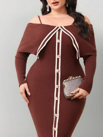 Modelyn 大码优雅拼色条纹露肩紧身毛衣连衣裙，秋冬