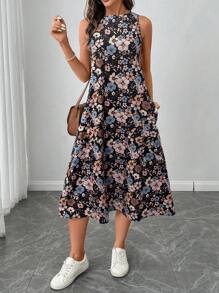 SHEIN LUNE 春季新款休闲度假复古碎花A字无袖连衣裙，办公室女士/教师工作服 - 彩色 - 查看 5