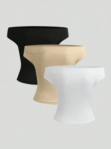 Sweetra 女士纯色露肩简约修身上衣，休闲日常穿着 - 彩色 - 查看 2