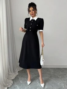 Elenzga Contrast Collar Button Waist Decor Short Sleeve Mid-Length Women's Dress - Black - View 5