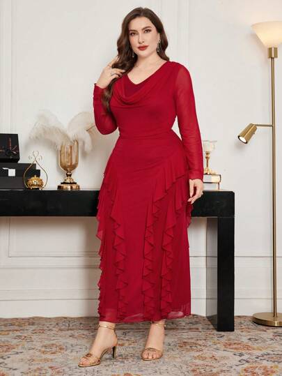 Modelyn Plus Size Stretchy Mesh Cowl Neck Ruffle Hem Bodycon Elegant Red Dress, Spring/Summer