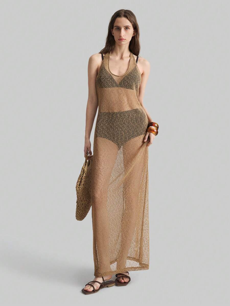 Ontre New 2025 Women Hollow Neck Tie Sleeveless Boho Style Dress, Vacation, Festival, Minimalist Fashion, Beach Cover-Up, Bohemian Style, Vacation, Festival, Spring/Summer - Khaki - View 1