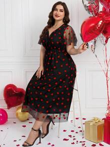 SHEIN Clasi Valentine's Day Women's Spring Dress, Red Heart Mesh Long Dress Plus Size, Elegant - Multicolor - View 1