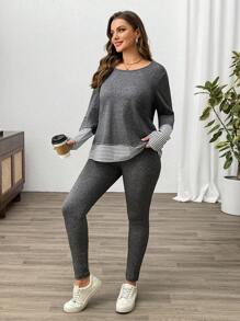 EMERY ROSE Plus Size Stripe Stitching Round Neck Long Sleeve Top & Pants 2pcs Set, Minimalist - Multicolor - View 6