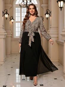SHEIN Clasi Combinaison casual grande taille en couleur unie et patchwork, manches longues avec nœud à l'avant