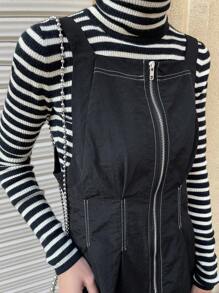 FRIFUL Women's Plain Zip Collar Casual Mid-Length Overall Dress
