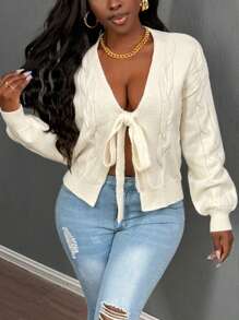 BamGleam 女士纯色前系带长袖衬衫，简约休闲日常穿着 - 杏色 - 查看 1