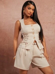 SHEIN SXY Spring/Summer Date Valentine's Day Elegant Holiday Light Khaki Woven Flax Square Collar Front Center Cardigan Sleeveless Suit Waistcoat With Cross Strap Waist Design On The Side In Fall/Winter - Apricot - View 4