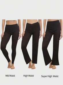 SHEIN 3pcs/Set Girls Casual Solid Color Knitted Leggings Includes: Long Fitted Stirrup Leggings, Long Flare Hem Leggings, And Cross Waist Skinny Leggings, Comfortable - Black - View 1