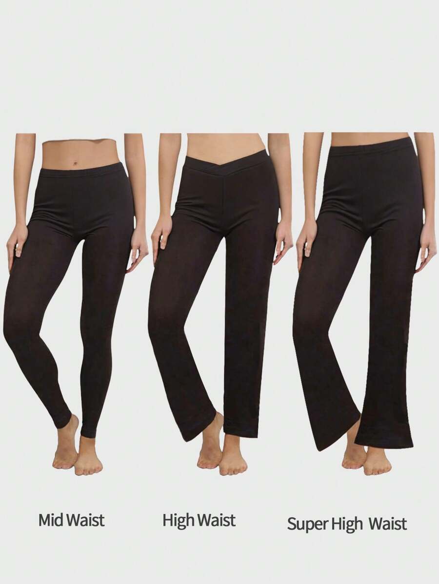 SHEIN 3pcs/Set Girls Casual Solid Color Knitted Leggings Includes: Long Fitted Stirrup Leggings, Long Flare Hem Leggings, And Cross Waist Skinny Leggings, Comfortable - Black - View 1